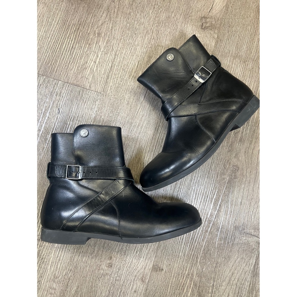 Birkenstock Collin's Black Leather Ankle Boots Women 40 L Side Zip Buckle Moto F